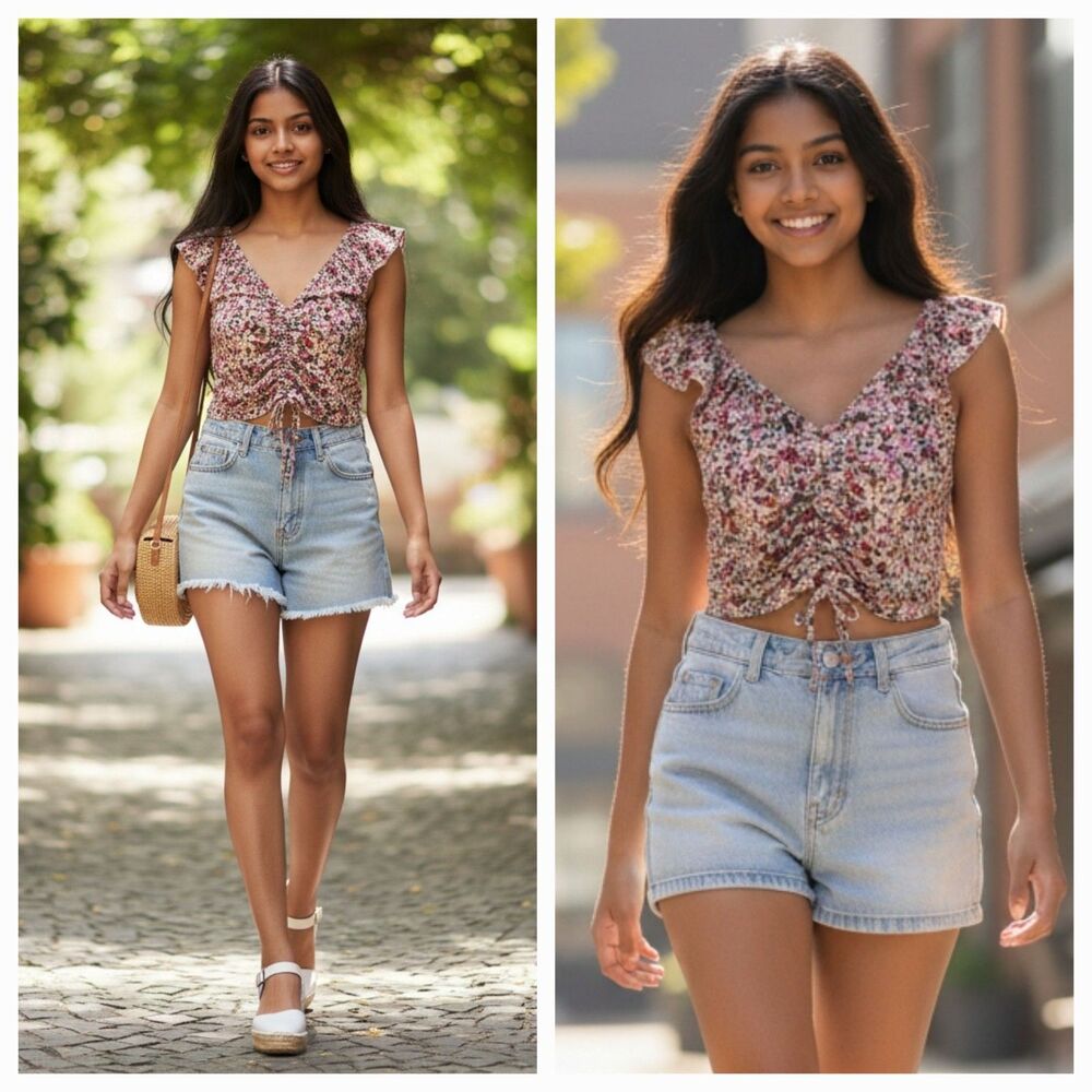 Almost Famous Floral Ruched Drawstring Ruffle Prairie Cottagecore Top Size L